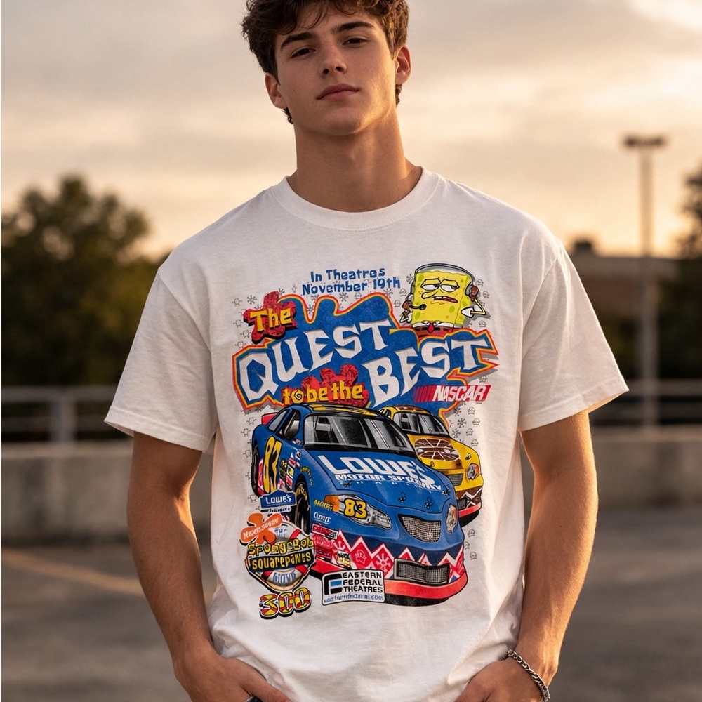 Nickelodeon SpongeBob‎ SquarePants Movie Mens Large T-shirt 2004 NASCAR All Over